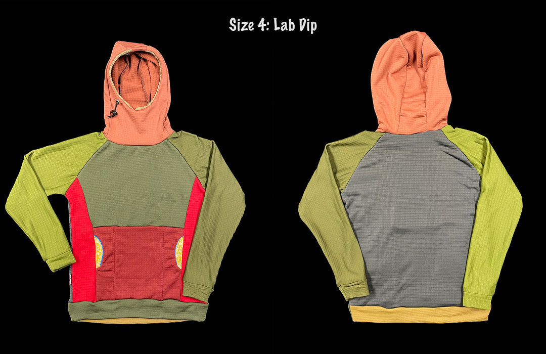 Front and back of a multicolor, unique, one of a kind, patchwork one-off Thuja Burrow fleece hoodie.